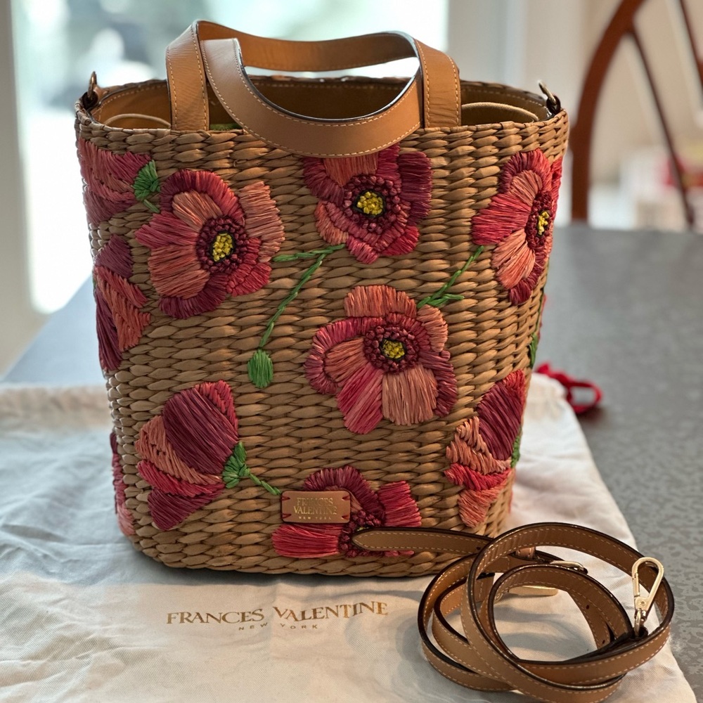 EUC FRANCES VALENTINE Leather Trimmed Spring Flower Poppy Straw Bucket Bag